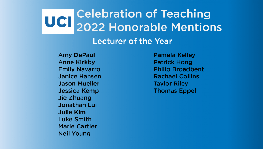 list of UCI Celebration of Teaching 2022 Honorable Mentions for Lecturer of the Year