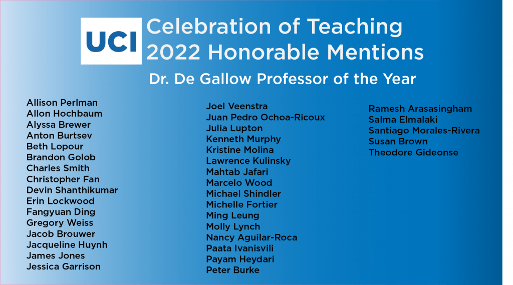 list of UCI Celebration of Teaching 2022 Honorable Mentions for Dr. De Gallow Professor of the year