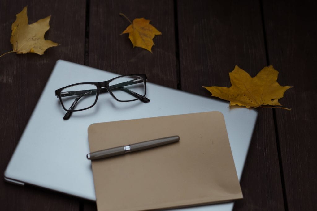 Notebook, glasses, laptop and leaves on table